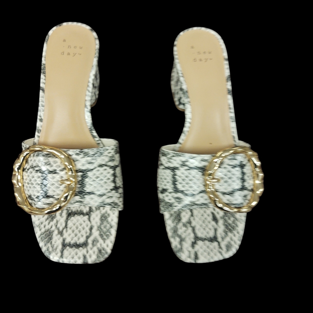 a new day White and Gray Snake-Print Slide Mules with Gold Buckle Size 6.5